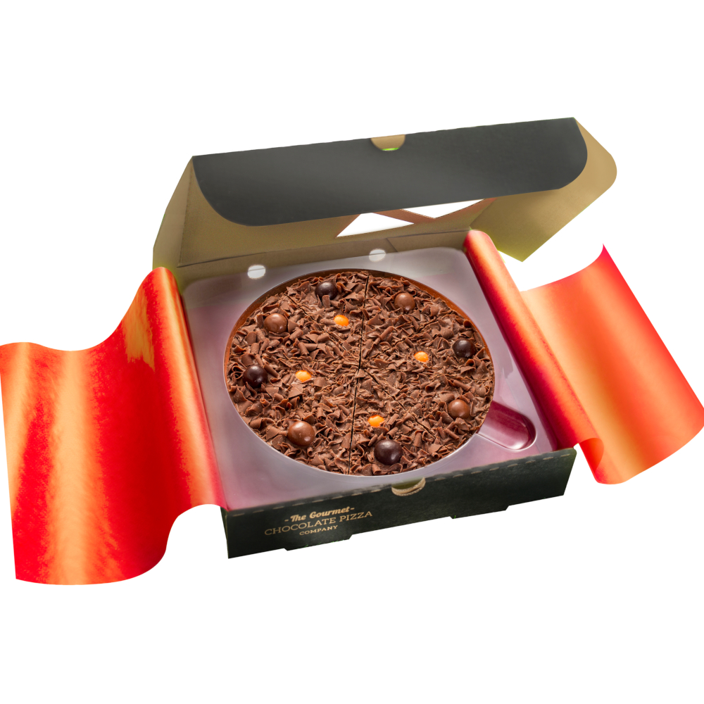 Spiced Rum flavoured chocolate pizza combines cinnamon and nutmeg with smooth Belgian chocolate